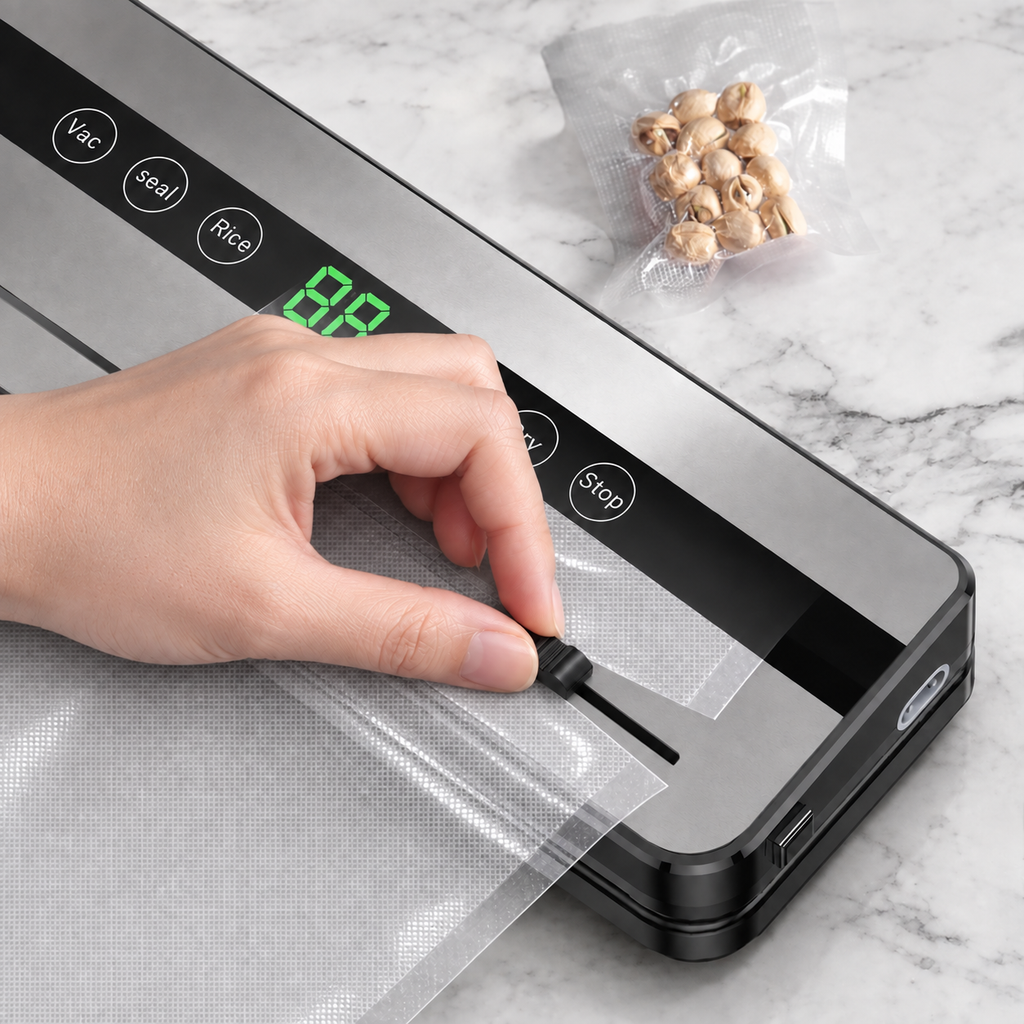 Food Vacuum Sealer - Machine Dry/Wet Food Packaging with sealing plastic bags for food storage, meal prep & a. built-in cutter