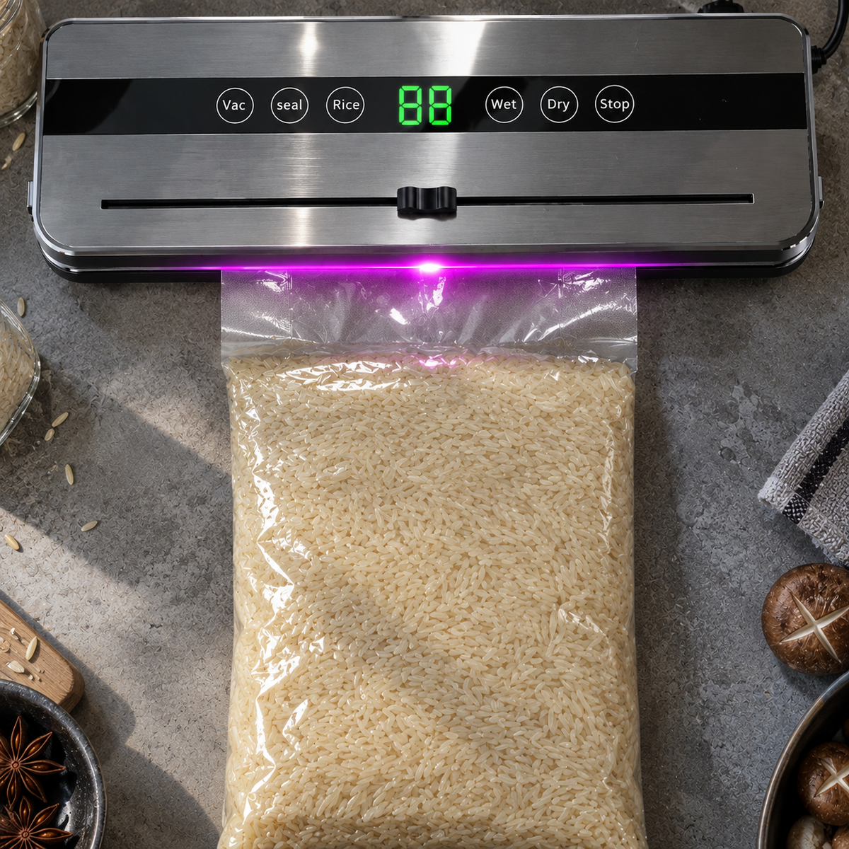 Food Vacuum Sealer - Machine Dry/Wet Food Packaging with sealing plastic bags for food storage, meal prep & a. built-in cutter